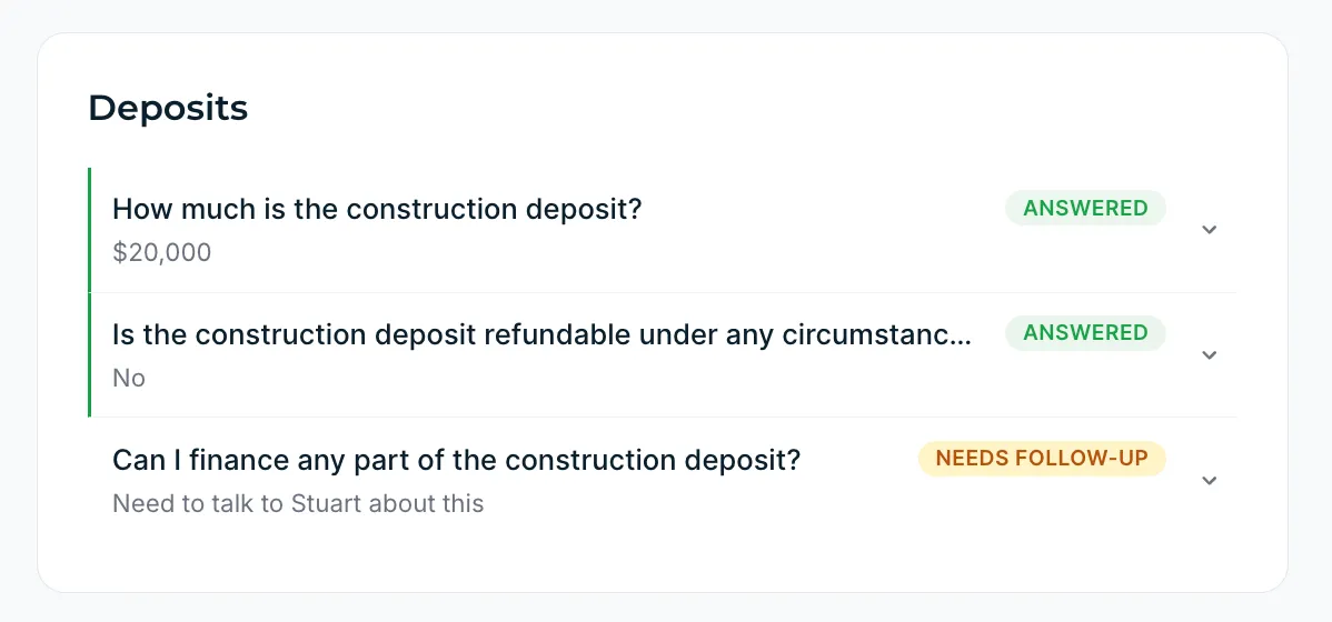 Deposit and financing questions tracker